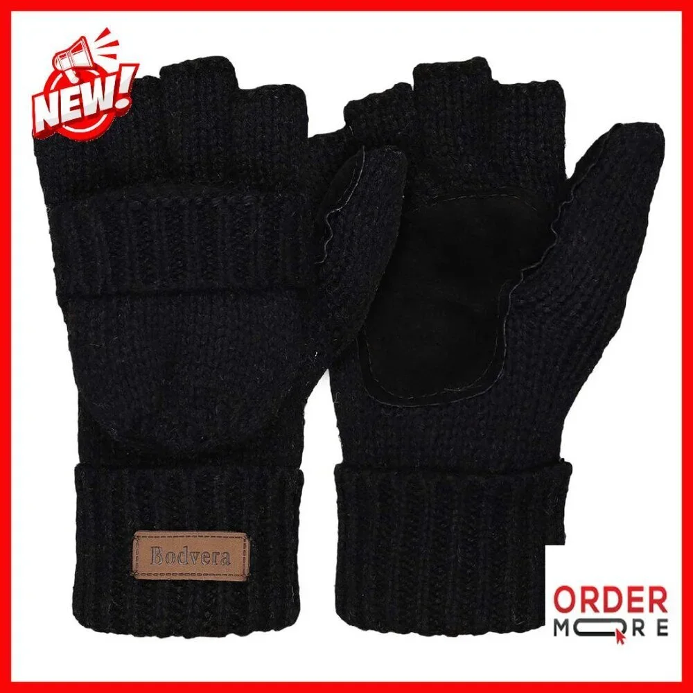 Fingerless Wool Convertible Mittens Thermal Insulation Texting Gloves Unisex